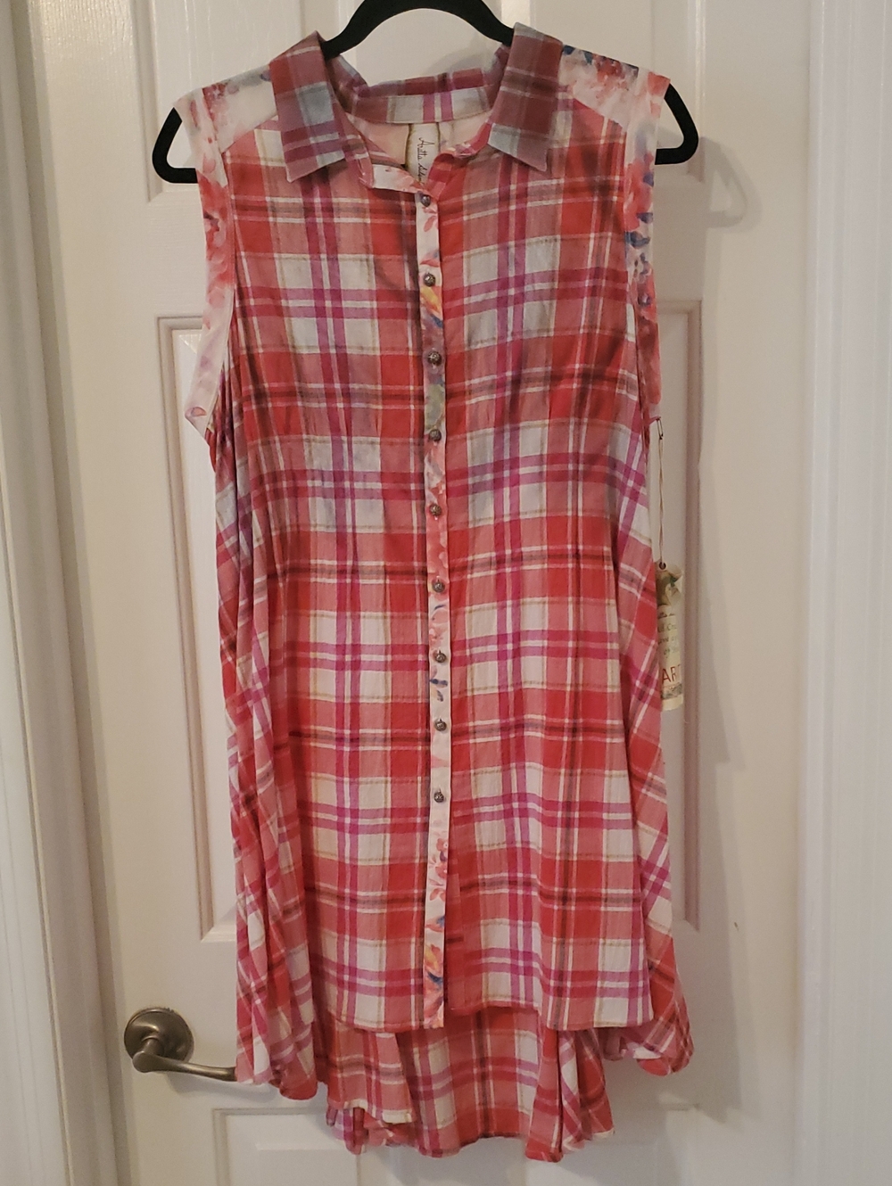 Aratta Red Pink Plaid Asymmetrical Sleeveless Dress